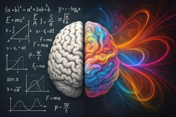 Split brain illustration showing analytical and creative hemispheres with formulas and colorful energy