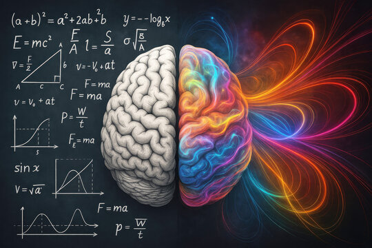Split brain illustration showing analytical and creative hemispheres with formulas and colorful energy