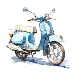 The illustration shows a classic light blue scooter with beige seat, detailed with watercolor-like paint strokes, set against a clean white background.