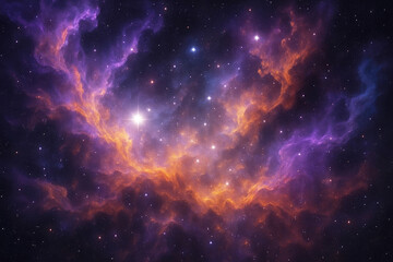 Naklejka premium Swirling purple and orange cosmic nebula with a bright star in the center against a dark starry sky space