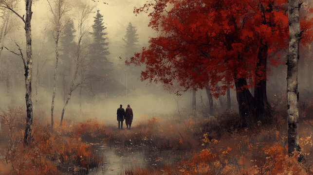 Two people walk along a tranquil autumn forest path under misty skies, surrounded by vibrant red leaves and golden trees.