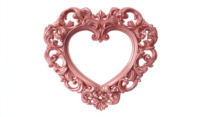 Heart-shaped, ornate picture frame, light pinkish-red.  Intricate, decorative carvings.  Empty space inside for a picture