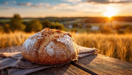 Fresh bread rests on a wooden board. Wheat glows in the sunset light.