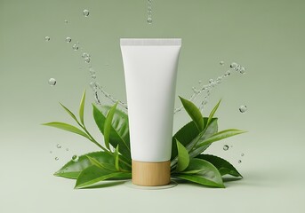 Refreshing Green Tea Skincare Product Tube with Hydrating Water Splashes and Natural Leaf Elements