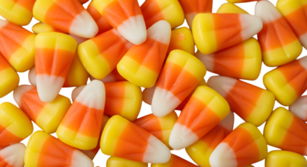 Closeup of many candy corn pieces isolated on transparent background