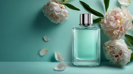 Perfume Bottle with Peonies on Teal Studio Background, Luxury Floral Fragrance Product Shot with Copy Space