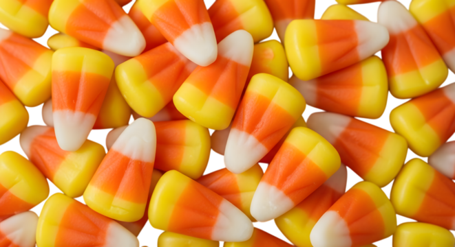 Closeup of many candy corn pieces isolated on transparent background