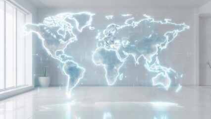 Luminous Digital Earth Hologram Floating in a Bright, Minimalist Corporate Space