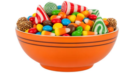 An orange bowl filled with a variety of colorful halloween candies including candy corn, mms, and lollipops, isolated on transparent background