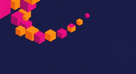 A modern abstract background with vibrant pink and orange 3D isometric cubes. The dynamic composition on a dark blue backdrop is perfect for tech themes.