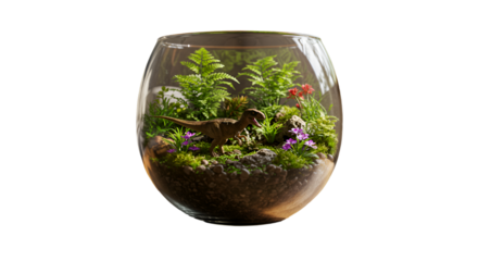 A miniature dinosaur explores its vibrant prehistoric terrarium a world reborn in glass captured in stark contrast