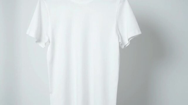 A white shortsleeve tshirt hangs against a light gray background