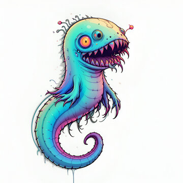 Line art illustration featuring a rainbow gradient of a cartoon monster leech