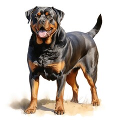 Obraz premium This image shows a Rottweiler dog standing on a light brown surface against a white background.