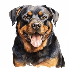 Obraz premium The illustration shows a Rottweiler dog's head and shoulders, looking directly at the viewer with its tongue hanging out.