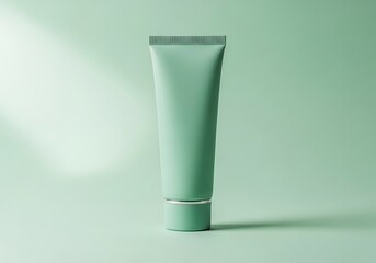 Refreshing mint green cosmetic tube for skincare products, minimalist design with soft light
