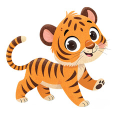 Cute cartoon tiger cub playing on transparent background for kids illustrations, nursery posters, zoo branding and educational projects