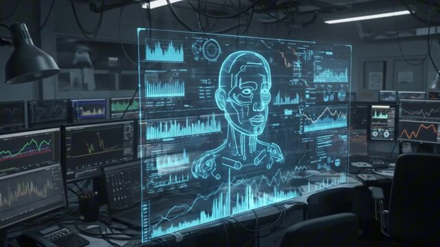 A room filled with computer screens and a large holographic display of a robots face and data - Powered by Adobe