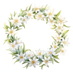 The illustration shows a circular arrangement of delicate white blossoms and vibrant green foliage, creating a visually appealing wreath.