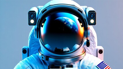 Portrait of an astronaut in a futuristic spacesuit with the Earth reflecting in the visor, a symbol of human exploration, space travel, and scientific discovery in the vast cosmos