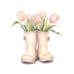 A watercolor illustration shows a pair of beige rain boots with pink tulips inside, set against a white background.