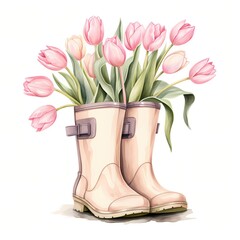 A watercolor illustration shows a bouquet of pink tulips in a pair of light beige rain boots against a white background.