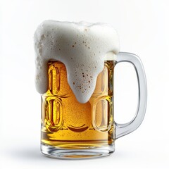 Close up of a frothy beer mug filled with golden lager, overflowing with foam, transparent glass handle on a plain white background, refreshing drink