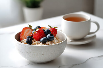 healthy breakfast options, nutritious breakfast including oatmeal, fruits, and herbal tea on a tidy table
