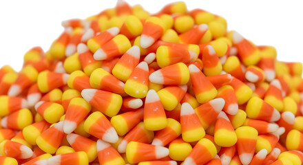 A large pile of candy corn, a popular halloween candy, isolated on transparent background
