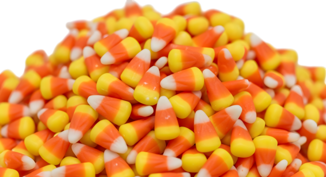 A large pile of candy corn, a popular halloween candy, isolated on transparent background