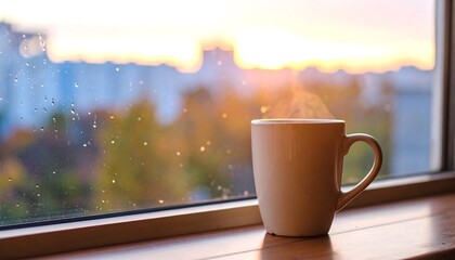 Warm coffee by window at sunrise