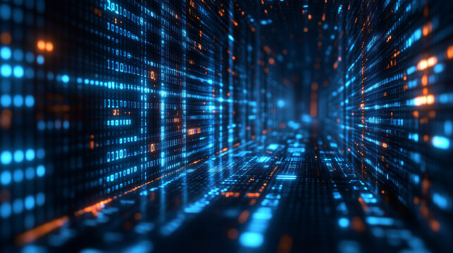A dynamic abstract tunnel of glowing blue and orange binary code visualizes fast data transfer, representing modern digital information technology.