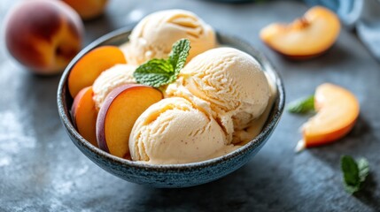 Creamy peach ice cream scoops in a bowl, garnished with fresh peach slices and mint