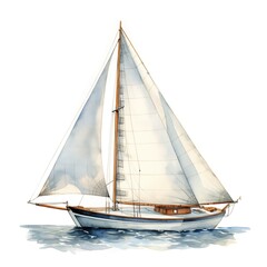 Fototapeta premium The image shows a detailed watercolor painting of a classic sailboat with white sails and a wooden mast, floating on a calm body of water.