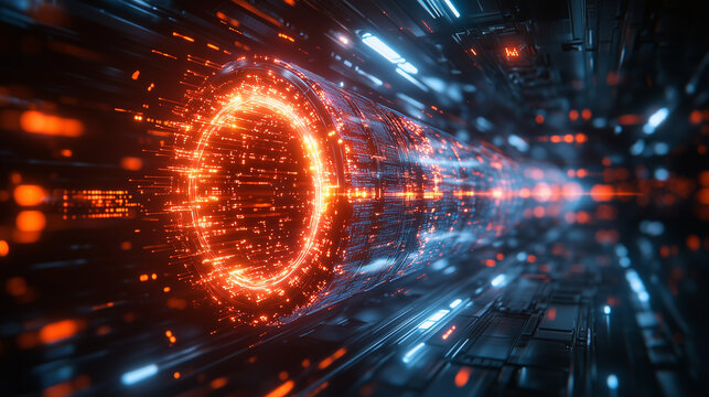 Digital data flows through a futuristic tunnel, with glowing orange and blue particles representing fast network communication.