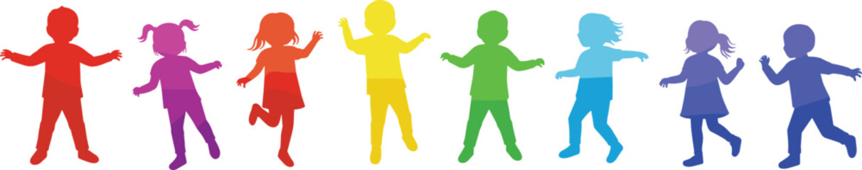 Colorful rainbow children silhouettes, playful kids dancing, diverse group, vibrant colors, joyful movement, childhood happiness, teamwork, energy, fun activity, diversity,