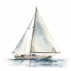 Fototapeta premium The watercolor painting shows a vintage sailboat with white sails gracefully sailing on a tranquil body of water.
