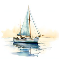 Fototapeta premium A watercolor painting depicts a sailboat with white and light blue sails floating on calm water during a sunset, with a light orange sky in the background.