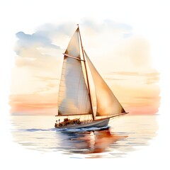 Fototapeta premium A watercolor painting depicts a sailboat with white sails moving smoothly on the water under a vibrant sunset sky.