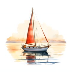 Fototapeta premium A watercolor painting depicts a sailboat with a red sail on a calm body of water at sunset, its reflection visible on the surface.