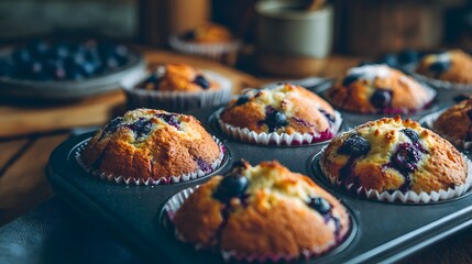 Homemade Blueberry Muffins Fresh from the Oven: Rustically Styled Food Photography in Warm Cozy Kitchen, Featuring Fluffy Baking Mix with Fresh Berries and Golden Brown Texture