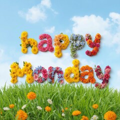 word " Happy Monday" made with flowers. floral background. spring flowers.