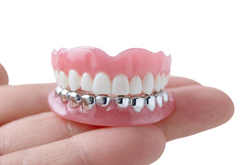Fototapeta premium A hand holds a dental prosthesis. Upper and lower teeth, pink gum-colored base, metal-colored fillings or caps