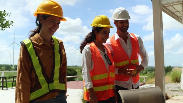 Male and female engineers walk into the shade to discuss plans for inspecting wind turbine systems renewable energy and sustainability before fieldwork : Renewable energy concepts that rely on wind.