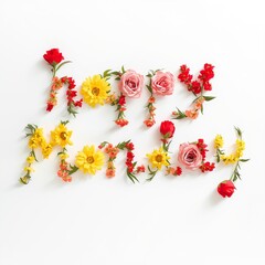 word " Happy Monday" made with flowers. floral background. spring flowers in grass.