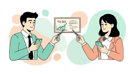 Business professionals using smartphones and presenting a to-do list on a whiteboard, illustrating project management and effective planning