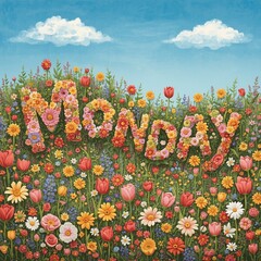 word "Monday" made with flowers. floral background. spring flowers. spring flowers on the meadow