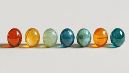 Colorful glass orbs in a spectrum of hues, arranged in a row