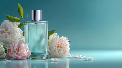 Perfume Bottle with Peonies on Teal Studio Background, Luxury Floral Fragrance Product Shot with Reflection and Copy Space