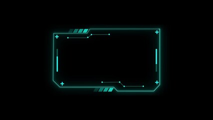 Futuristic Neon HUD Frame Overlay Cyan Digital Interface Element Glowing Geometric. Futuristic neon HUD frame with cyan overlay. Digital interface displays data, network, and information - Powered by Adobe
